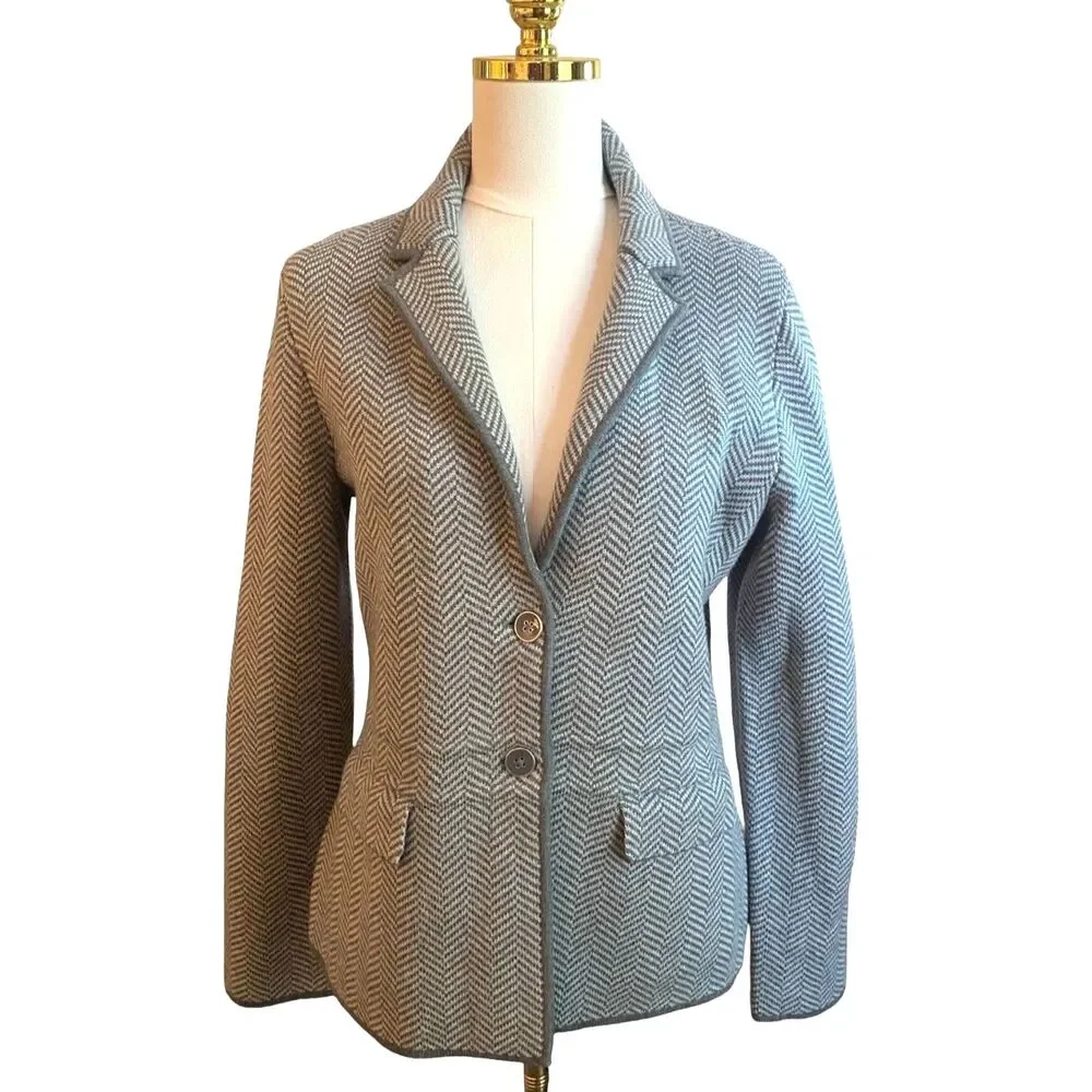 Talbots 100% Merino Wool Herringbone Knit Blazer Jacket Medium Grey Soft NWOT M